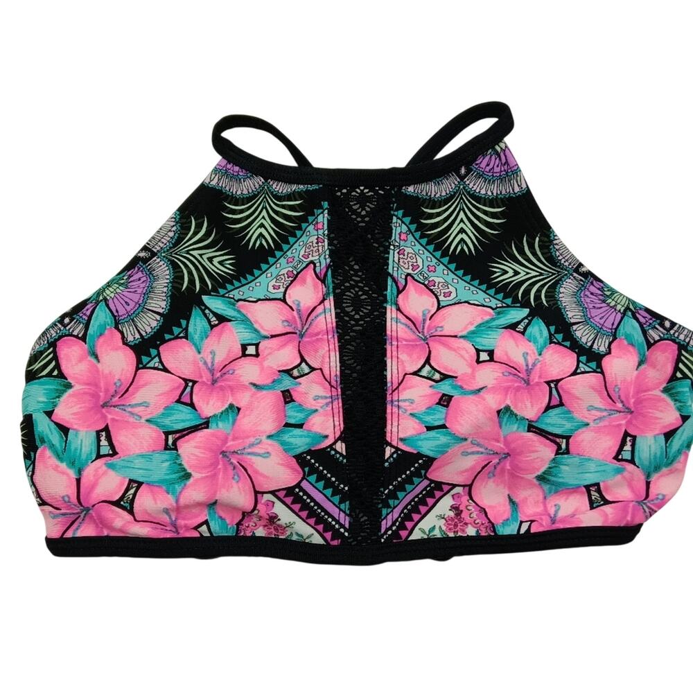 OP Juniors Floral Bikini Halter Top - Pink and Black